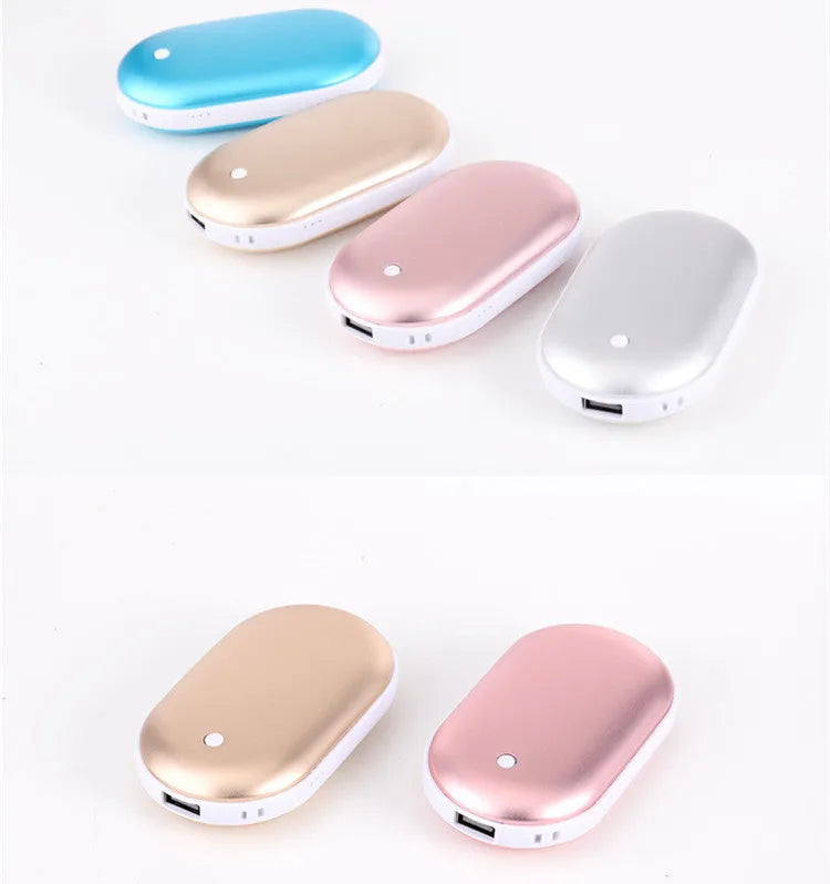 Rechargeable mini hand warmer power bank with digital display in various colours including rose gold and blue