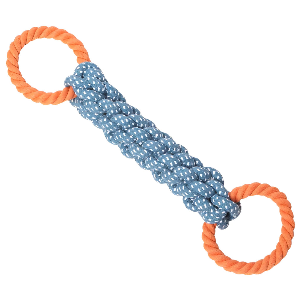 Blue braided cotton rope dog toy shaped like a bone with two rings, on a white background.