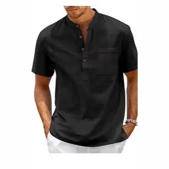 Men's solid colour stand collar short sleeve polo shirt in a loose fit for summer.