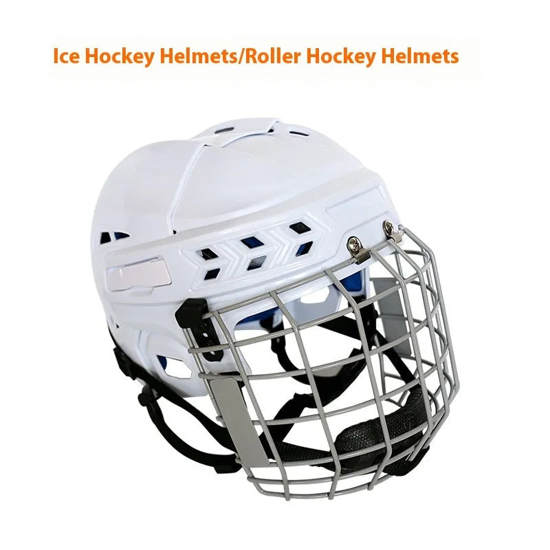 Ice hockey helmet with a carbon steel face mask, shown in a size option, displaying its PP shell and EVA lining.