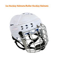 Ice hockey helmet with a carbon steel face mask, shown in a size option, displaying its PP shell and EVA lining.