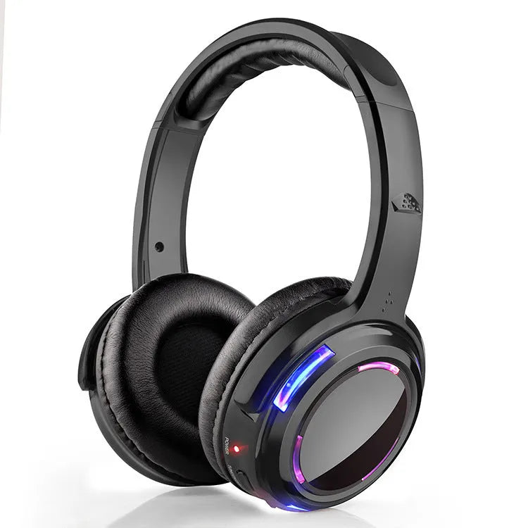 Black silent disco wireless headphones with a 3.5mm plug and long cable.