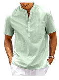 Men's solid colour stand collar short sleeve polo shirt in a loose fit for summer.