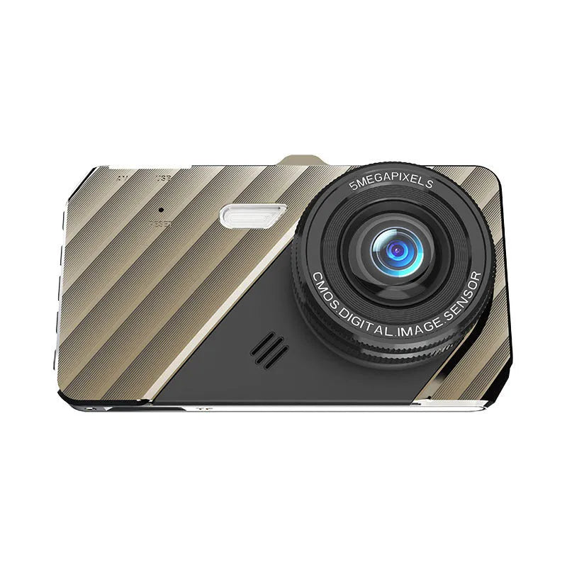 4 inch front and rear dual lens dashboard camera with touch screen display mounted in car