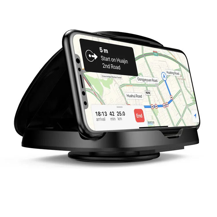 Black rotating suction cup car phone bracket mounted on windscreen with smartphone in cradle