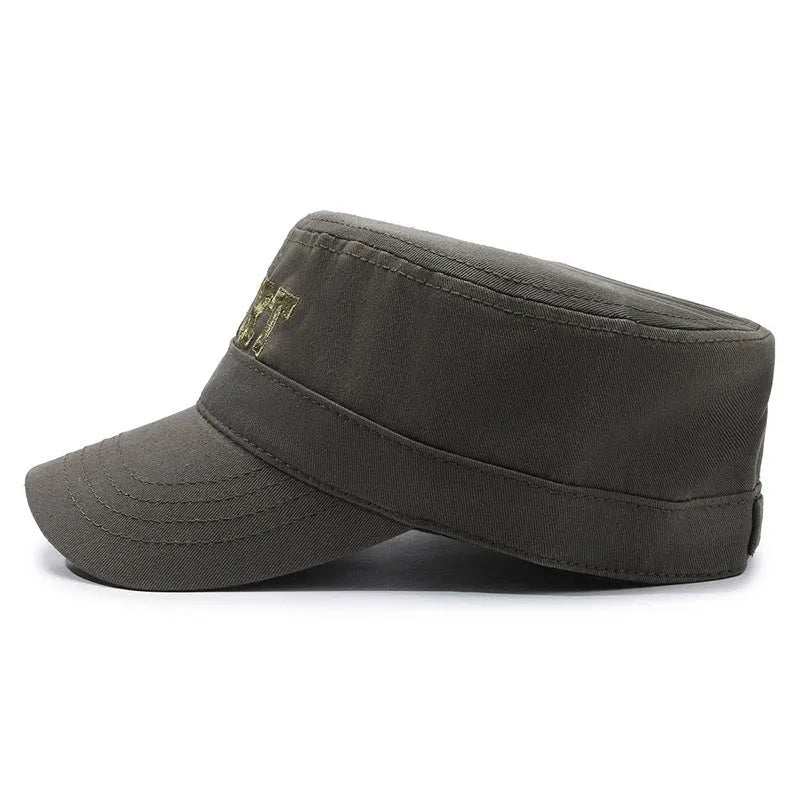 Men's flat-top peaked cotton cap in army green with an adjustable strap and English letter detail on the front.