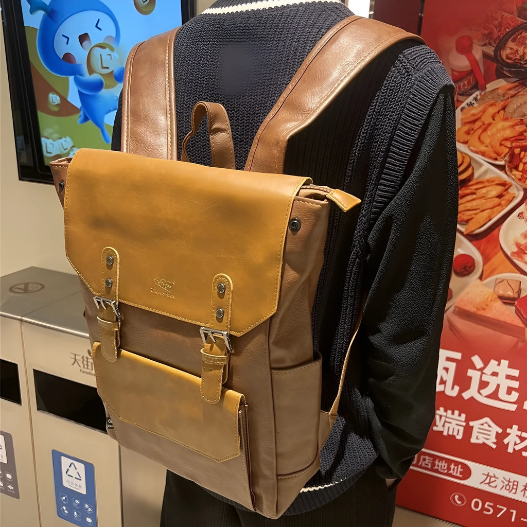 Unisex breathable PU backpack in light brown colour showing college style design