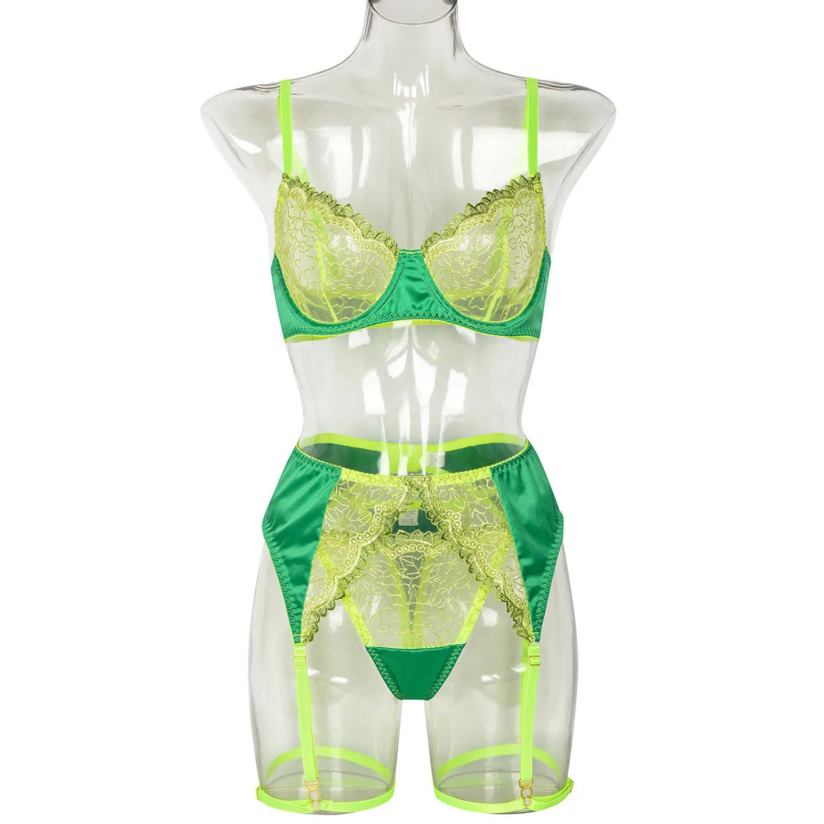 Green flower embroidery satin color contrast patchwork see-through three-piece bikini set for women