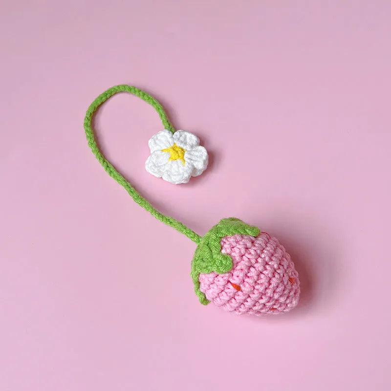 Wool crochet woven strawberry pendant on 35cm cord in pink and red colour options