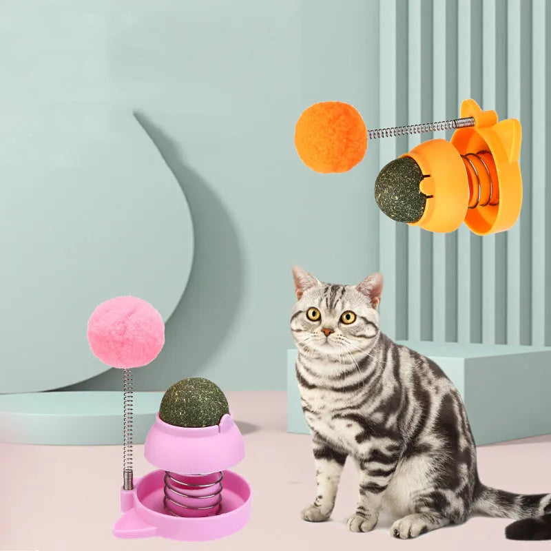 Lucky cat mint ball toy with self-hi feature in blue, orange, and pink colours for cats.