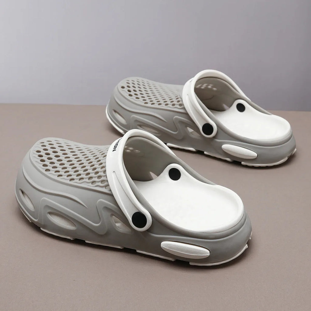 Men's grey closed toe beach slippers with non-slip EVA sole and round toe design