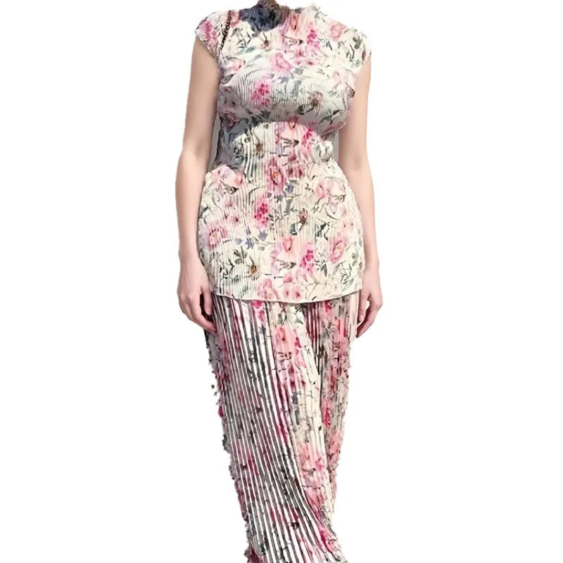 Long sleeve printed chiffon co-ord set with high waist dress and separate top.