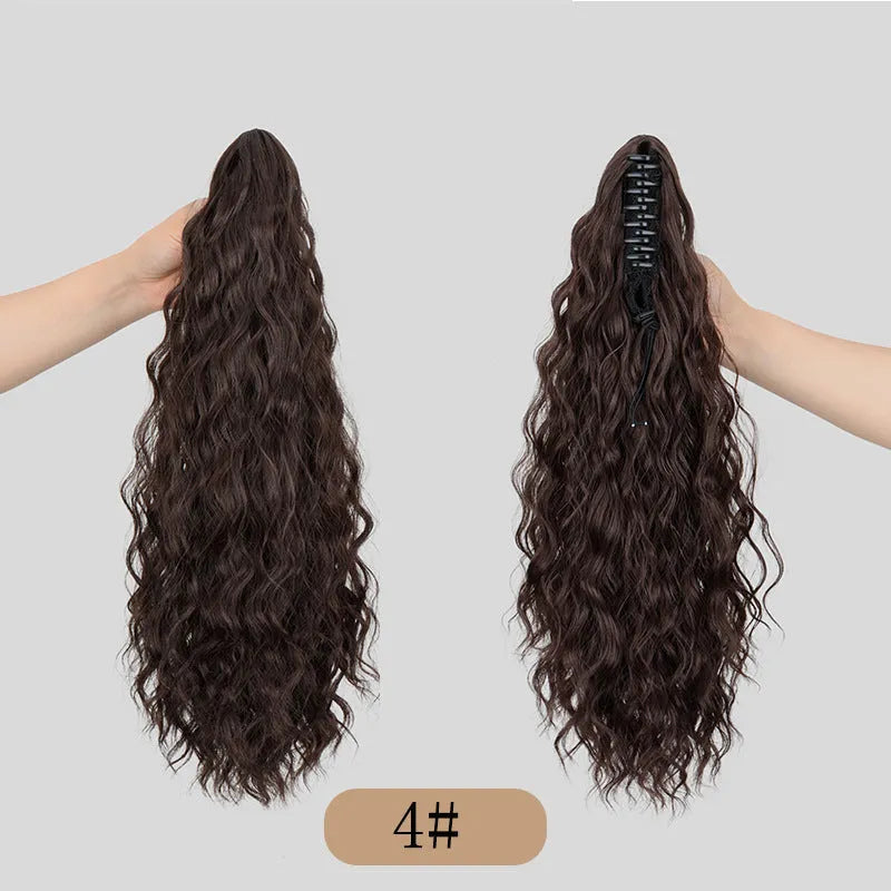 Corn curler ponytail wig with water ripple grip attachment in high temperature fibre hair, shown in colour 1B with a hair clip.