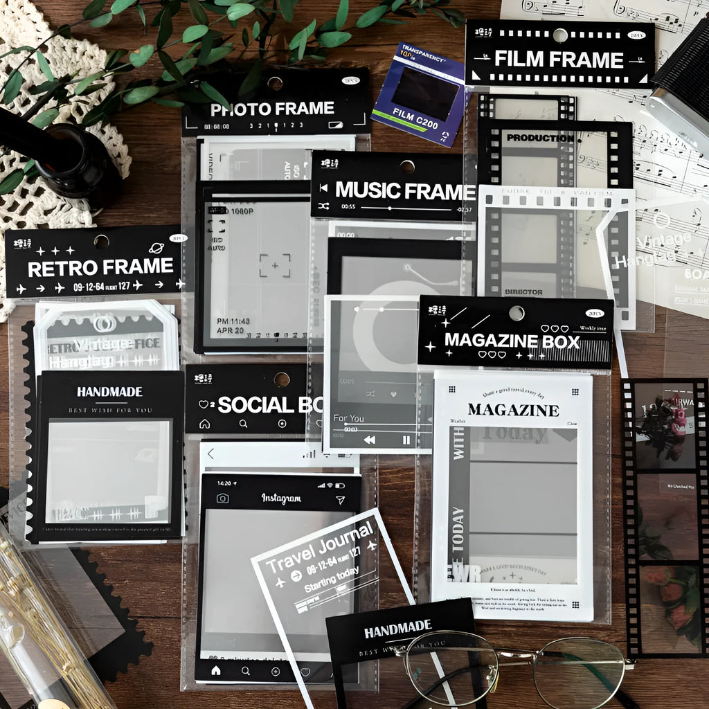 Pack of 15 retro frame decorative sticker sheets on transparent PET backing paper.
