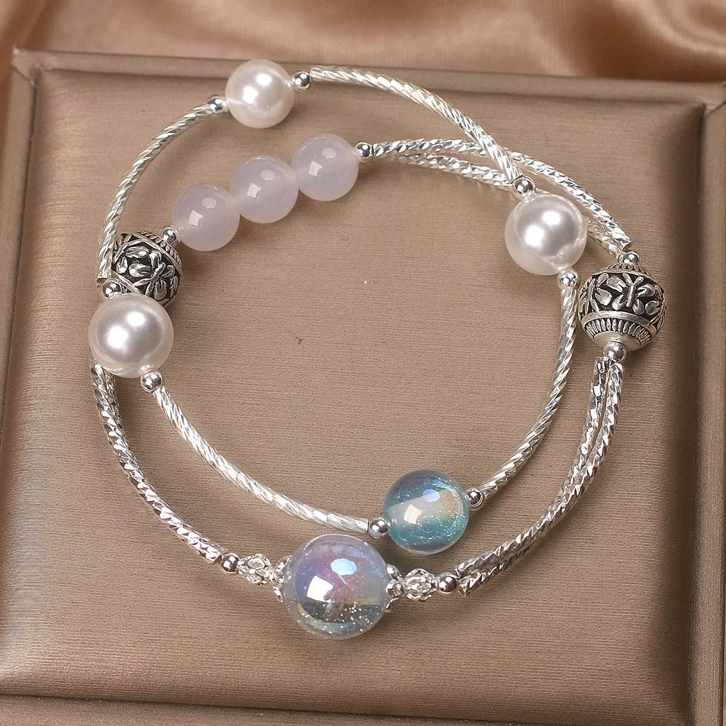 Light blue agate multi-circle twin crystal bracelet for women ethnic style