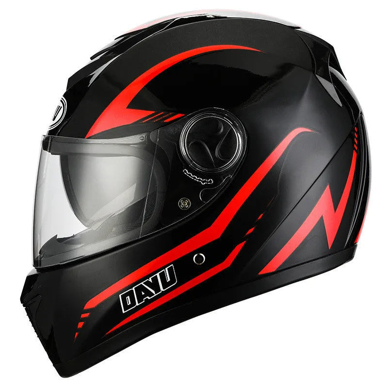 Black and red patterned motorcycle helmet with double lens in L, M, XL sizes