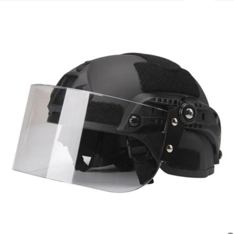 Transparent polycarbonate helmet face shield measuring 30x15cm with guide rail mounting system