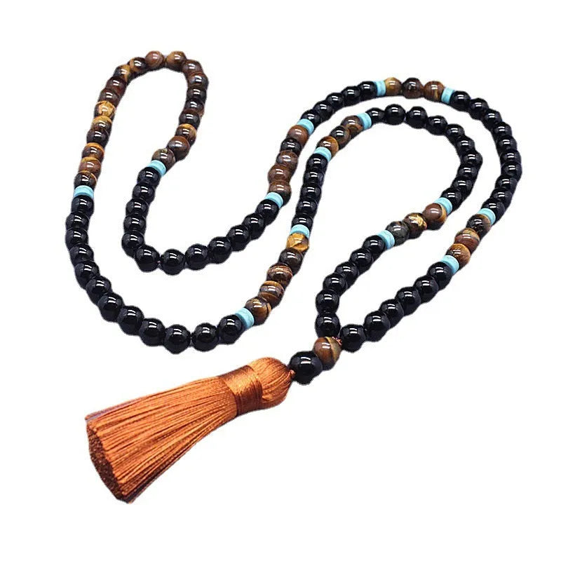 Black agate bracelet and tiger eye stone necklace set with geometric designs