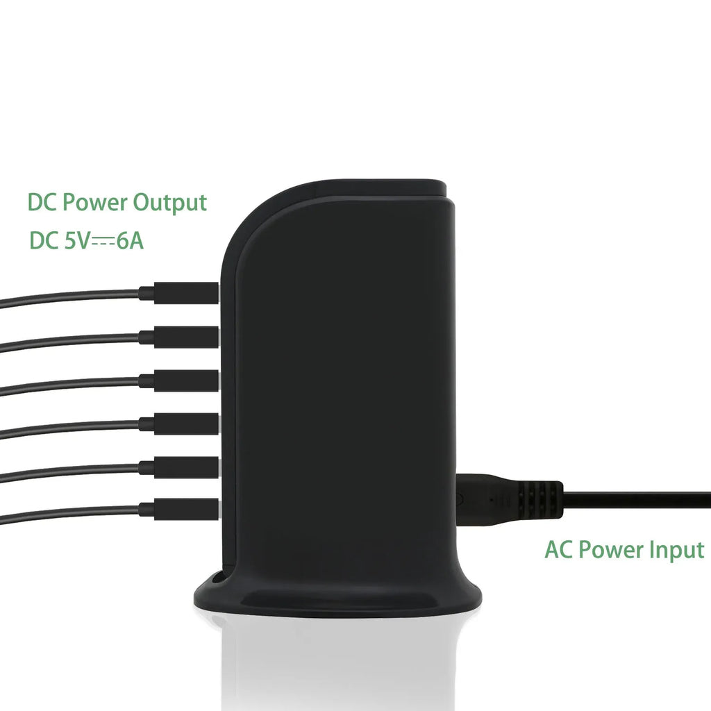 30W vertical 6-port USB charger with UK plug, black, 77x65x110mm