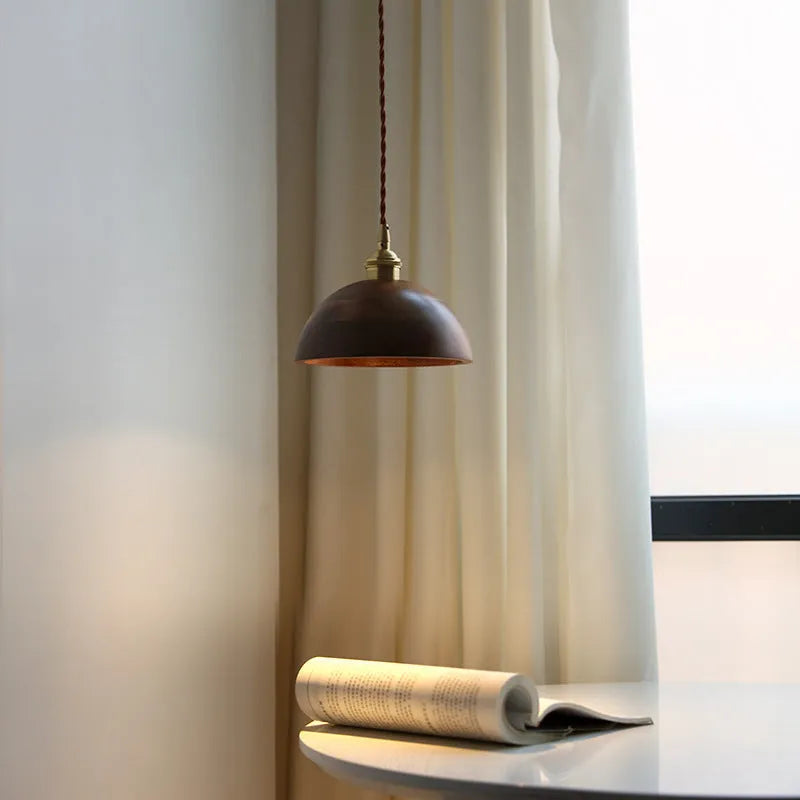 Black walnut and copper single-head droplight chandelier with an E27 lamp holder.