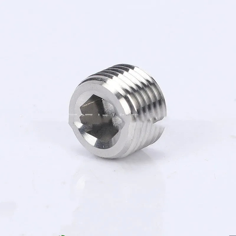 Stainless steel hexagon plug for 3/8 inch threaded pipe, showing hexagonal head.