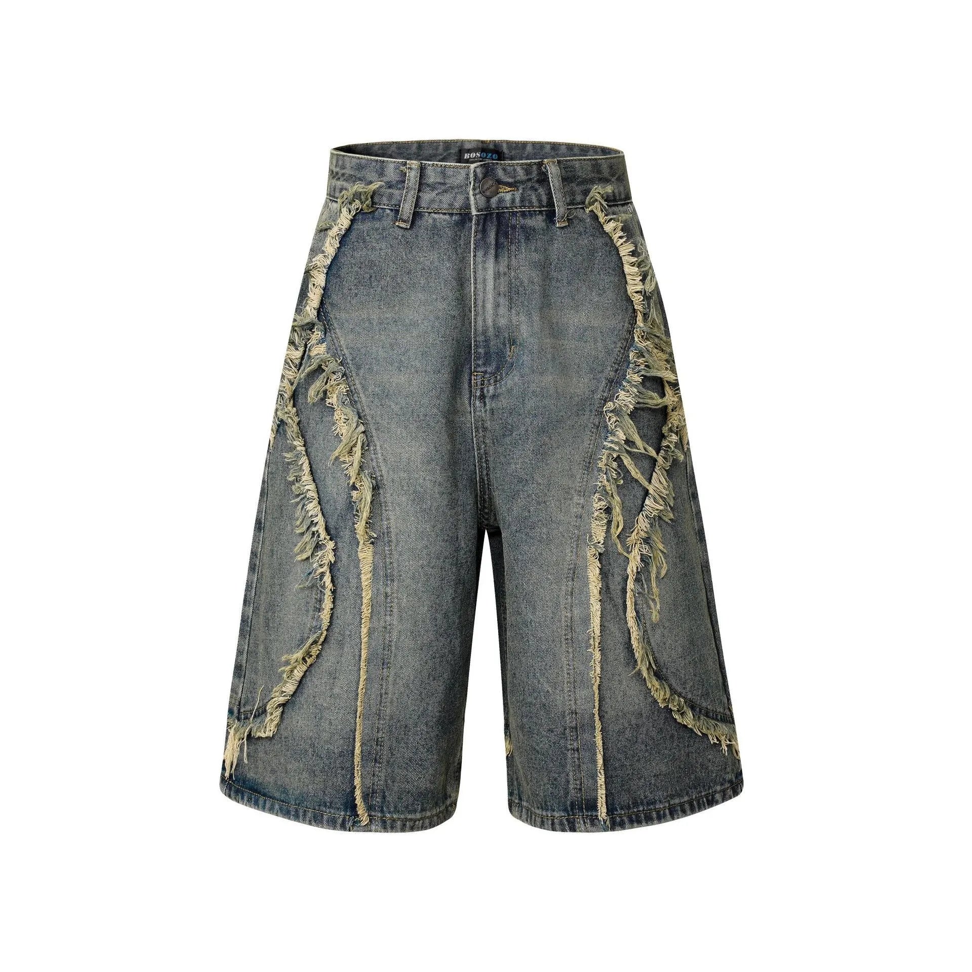 Distressed denim shorts with raw edge hemming in straight leg cut, available in three colour options