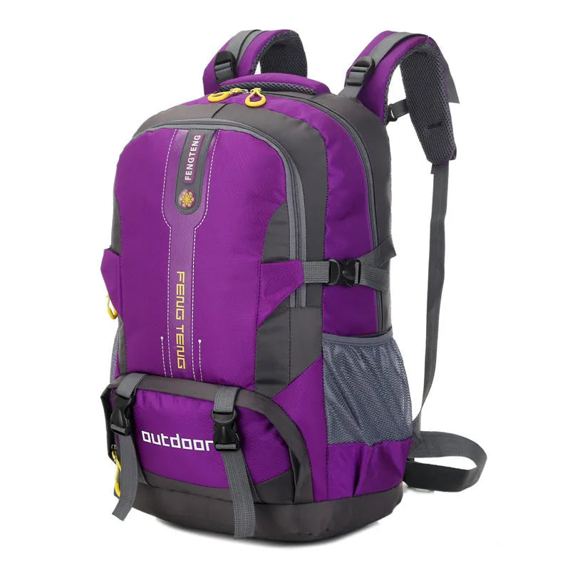 Waterproof outdoor backpack sports bag 34x55x20cm with ergonomic breathable back panel, available in five colours.