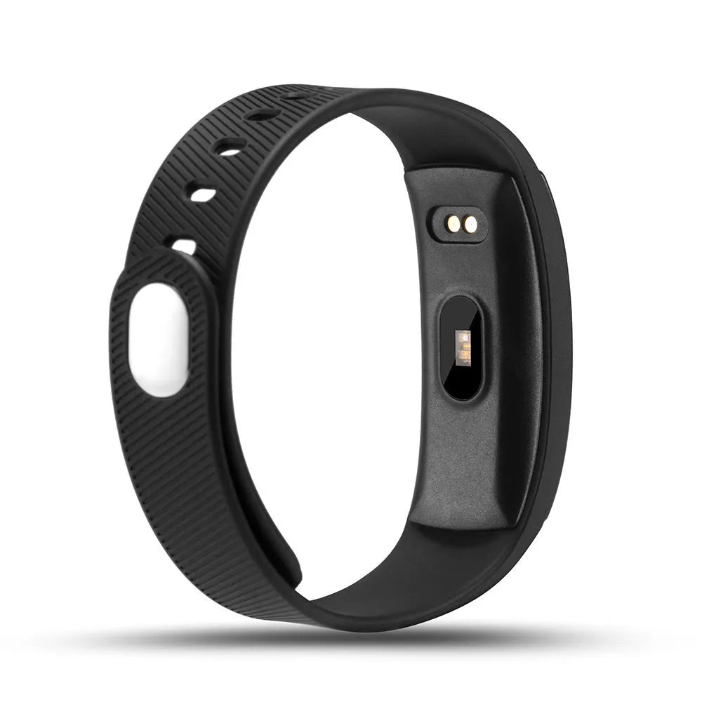 Smart bracelet with blood pressure monitoring on wrist showing OLED display with health metrics