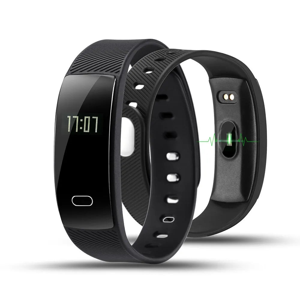 Smart bracelet with blood pressure monitoring on wrist showing OLED display with health metrics