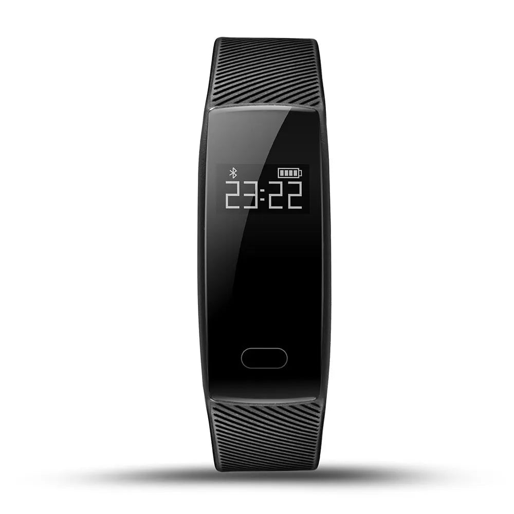 Smart bracelet with blood pressure monitoring on wrist showing OLED display with health metrics