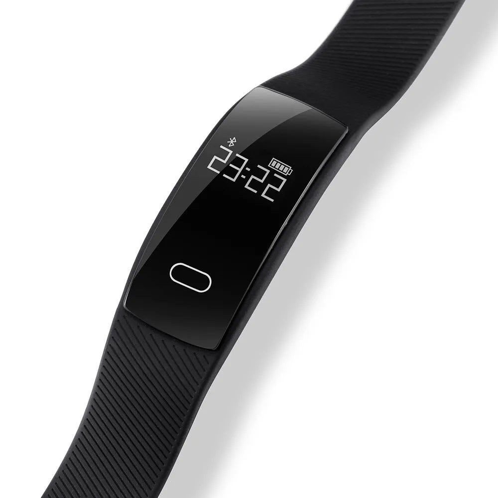 Smart bracelet with blood pressure monitoring on wrist showing OLED display with health metrics