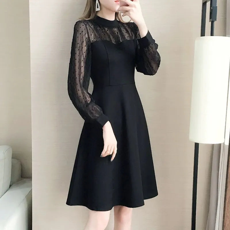 Black solid colour polyester lace long sleeve underdress with slimming fit on female model