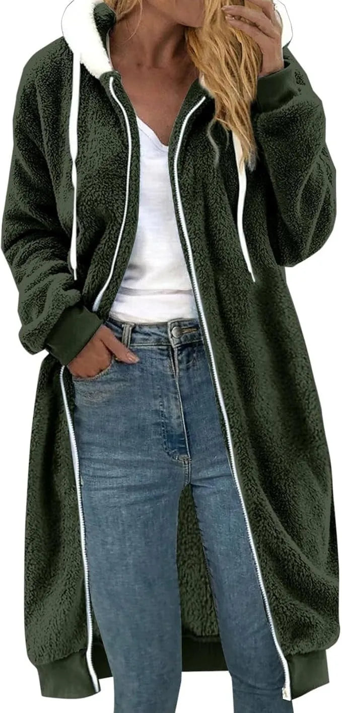 Women's thick double-sided plush fur hooded overcoat in military green with artificial fur collar and long sleeves, 100cm length