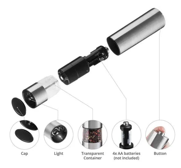 Electric stainless steel pepper grinder with natural colour finish on a kitchen counter