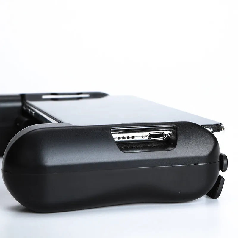 Black Bluetooth gaming controller with cooling function for iPhone, showing ergonomic grip design.