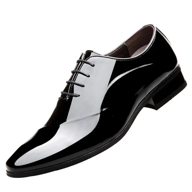 Men's black and brown business formal shoes with artificial PU upper showing classic toe shape