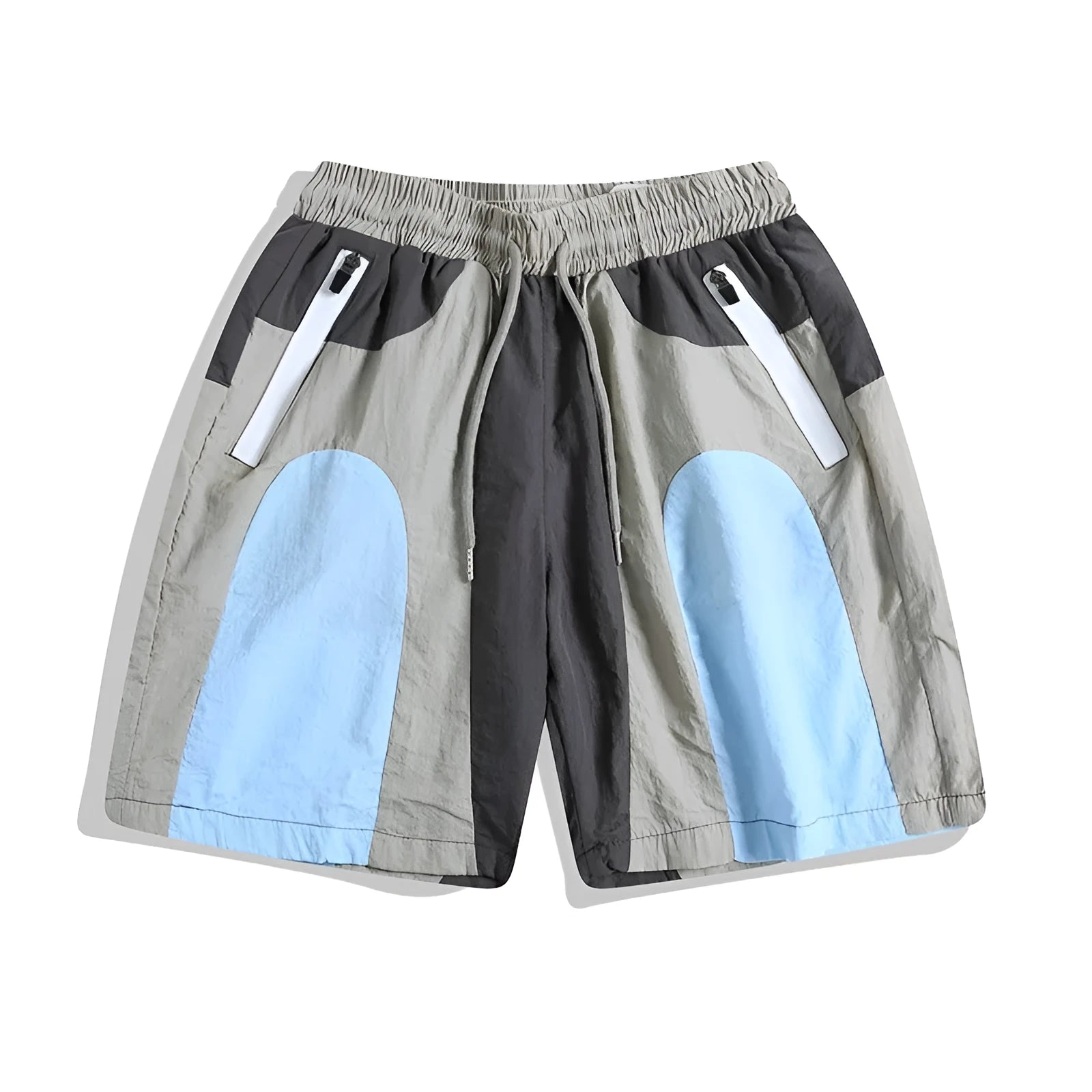 Man wearing blue patchwork loose-fit quick-drying casual sports shorts.