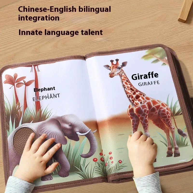 Infant touching textured page of animal sound book with colourful illustrations and button