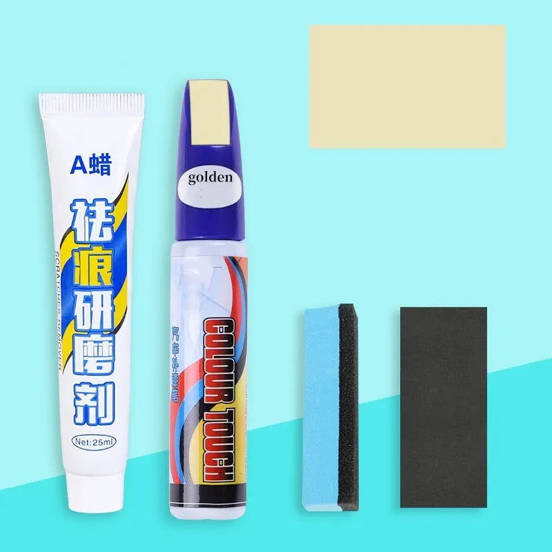 Automotive paint repair pen kit with touch-up paint, wax, sponge and sandpaper for car scratch repair