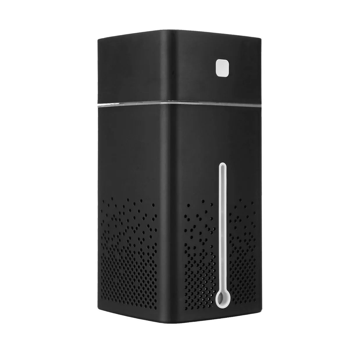 Black and white compact desktop humidifier with USB cable and 1000ml water tank.