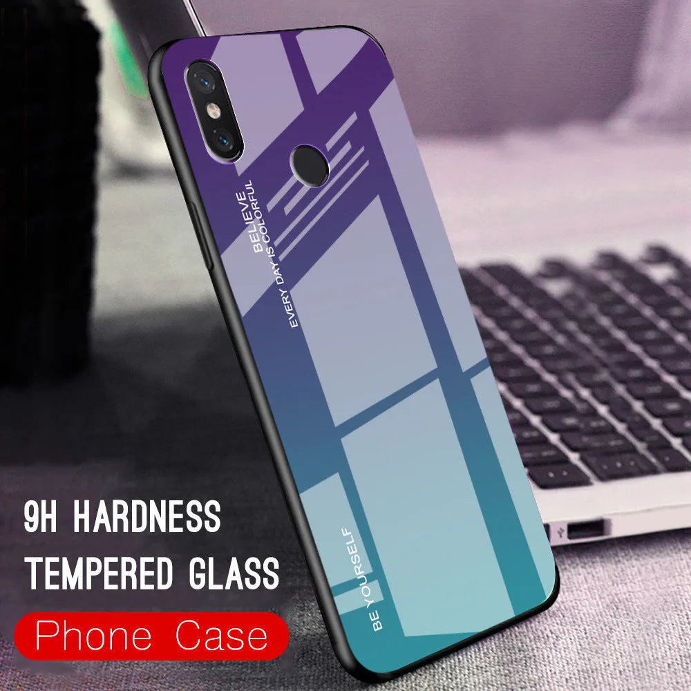 Gradient colour phone case for Redmi smartphones with tempered glass and TPU construction