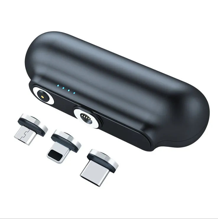 Black 2600mAh mini portable charger with magnetic cable and blue LED indicator on a white background