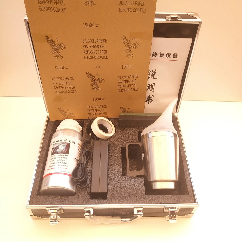 Headlight restoration kit with aluminium alloy tool and black tip, 600ml capacity