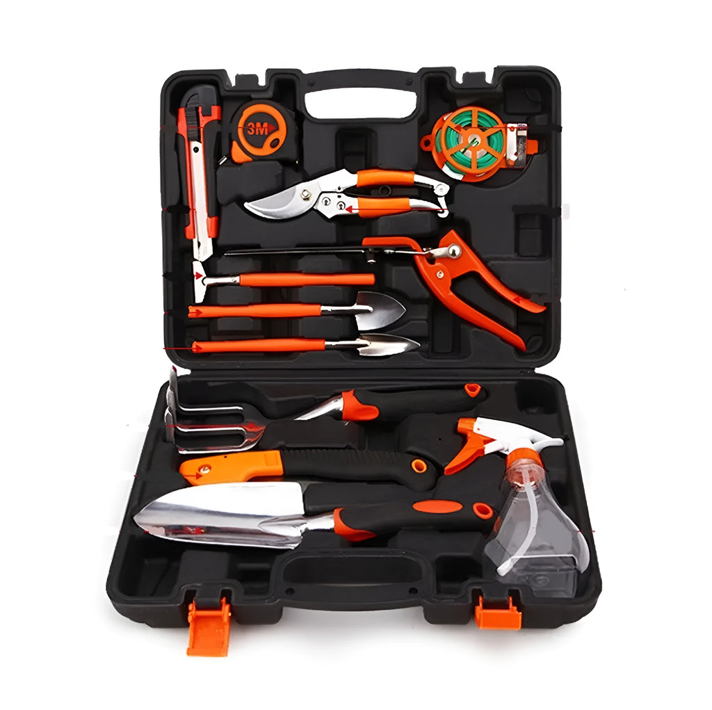 12-piece garden shovel set with alloy steel tools and storage rack on a wooden surface
