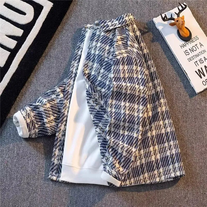 Casual all-matching plaid shirt jacket in light blue with loose fit, woolen fabric, and polyester lining, size M-3XL