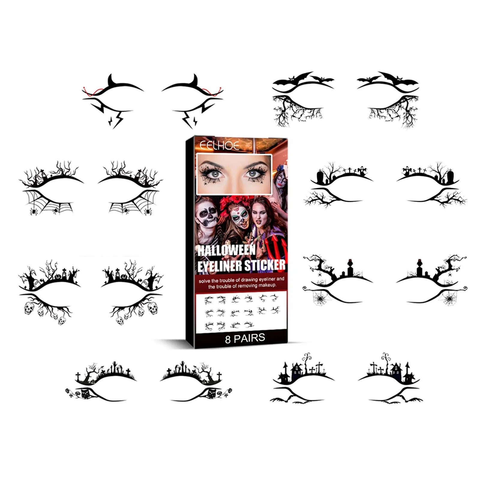 Pack of black bat and spider shaped eyeliner stickers for Gothic Halloween makeup.