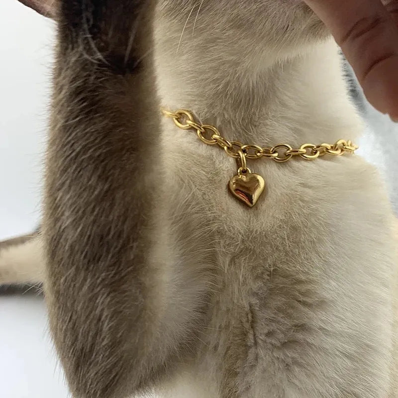 Stainless steel pet necklace with heart pendant showing cat and dog motifs on gold and silver curb chains