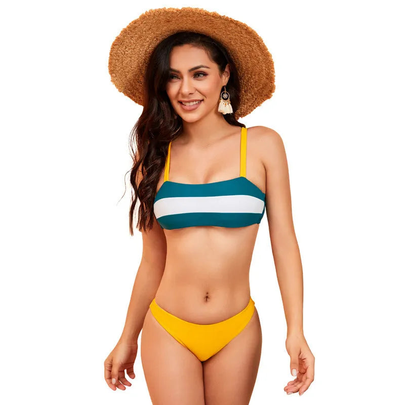 Women's striped suspender triangle bikini swimsuit in yellow, 82% nylon, set includes top and bottom