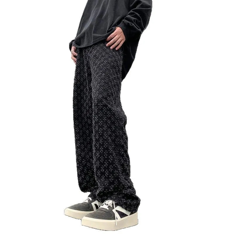 Bold jacquard full-print cotton denim jeans in blue, mid-rise with button fly, long leg streetwear style
