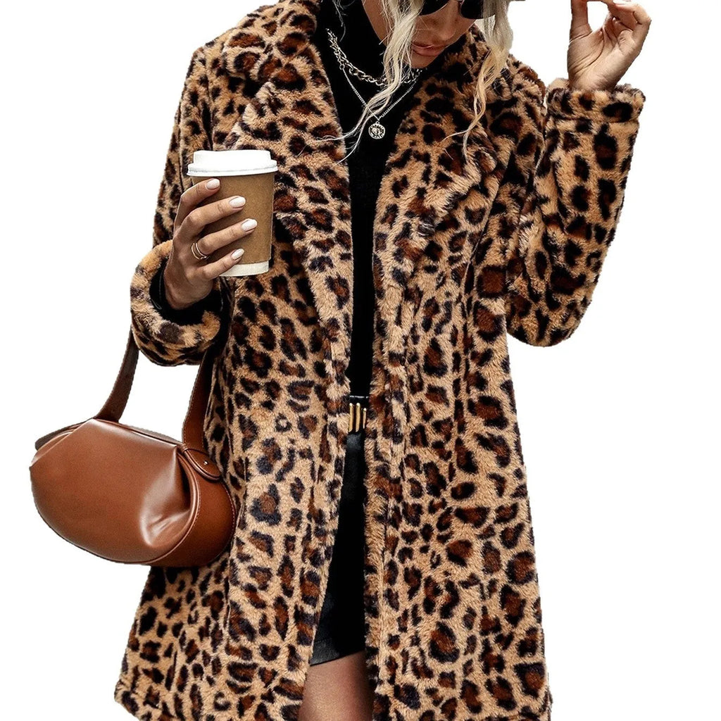 Leopard print furry long sleeve coat top for women with conventional sleeves, available in sizes S to 2XL